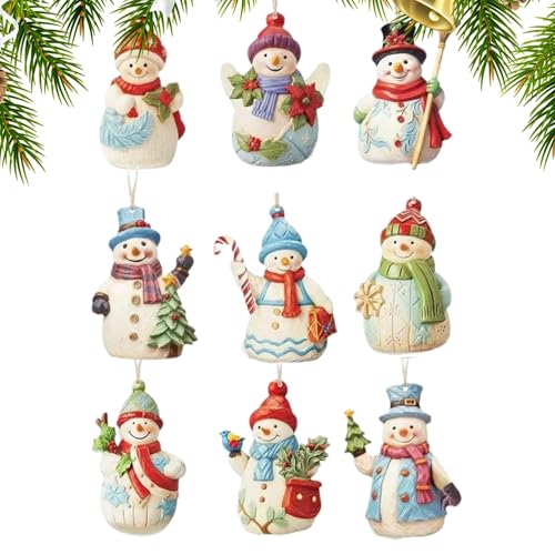 Ancsttu Schneemann Anhänger - Holz Deko Schneemann Set Figuren Christbaumschmuck,9-teilige Holzfiguren Anhänger Sammlerstück für Küche Garten Wand Fenster Terrasse Zuhause Outdoor Weihnachtsbaum von Ancsttu