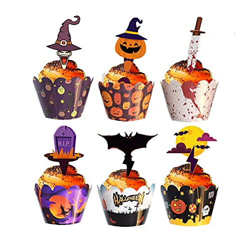 Ancuioyz 48 Stück Halloween Cupcake Dekoration Kürbis Spinne Schädel Zauberer Muffin Halloween Cupcake Dekoration Halloween Zahnstocher Flagge Halloween Cupcake Dekoration Handarbeit DIY, Mehrfarbig von Ancuioyz