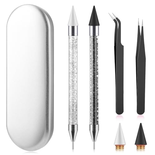 Andibro Strass Picker Werkzeug Set, Dual End Diamant Dotting Stifte Wachsstift Acryl Pickup Set für Nägel Edelsteine Steine DIY Nagelkunsthandwerk 2 Dot Stifte 2 Wachsspitzen 2 Pinzetten(Schwarz+Weiß) von Andibro