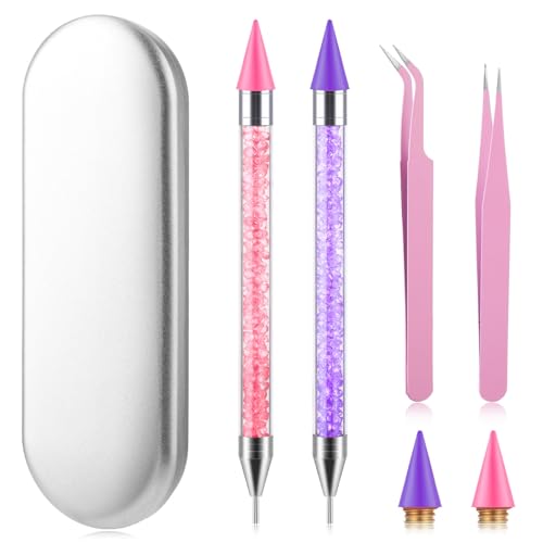 Andibro Strass Picker Werkzeug Set, Dual End Diamant Dotting Stifte Wachsstift Acryl Pickup Set für Nägel Edelsteine Steine DIY Nagelkunsthandwerk 2 Dot Stifte 2 Wachsspitzen 2 Pinzetten(Rosa+Lila) von Andibro