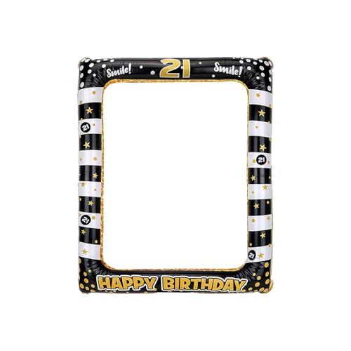 Andiker Aufblasbarer Bilderrahmen, Schwarzgold Happy Birthday Photo Booth Requisiten für Frauen Männer 21 Geburtstag Party Deko (Schwarzgold,21) von Andiker
