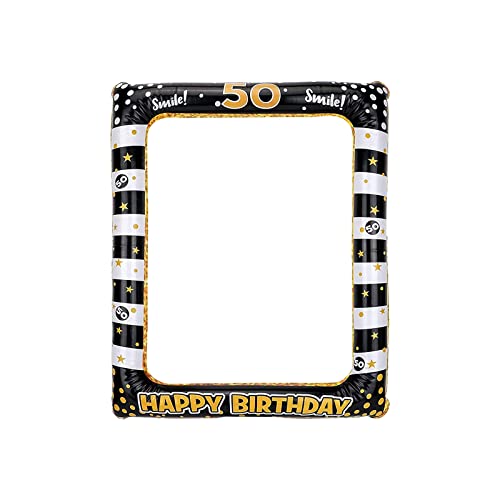 Andiker Aufblasbarer Bilderrahmen, Schwarzgold Happy Birthday Photo Booth Requisiten für Frauen Männer 50 Geburtstag Party Deko (Schwarzgold,50) von Andiker