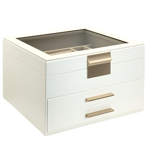 Andtry Schmuckschatulle für Damen, 3-lagige Schmuckaufbewahrung mit Glasdeckel und 2 Schubladen für Halsketten, Ringe, Ohrringe von Andtry