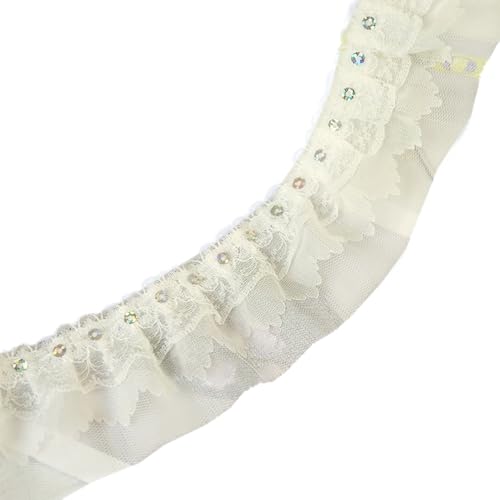 5 CM Breite meterware Rüschen Spitzenband für Nähen,Inelastische Spitze mit Pailletten,Spitzenstoff,Spitzenborte,stoffband,Tischdecke bordüre,Lace für Kleidung Zubehör,Hochzeitsdeko,10m,Beigegelb von Anevous
