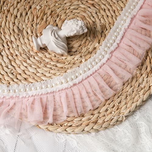 Anevous 1 Yard Geraffte Spitzenband,Spitzenborte,Lace Borten,Perlenband,Spitzenbordüre Plissiert,Stickerei Dekoband,Zierband für Hochzeit Deko,Handwerk,Nähen,Lolita,Puppe,Kleid,Kostüm,Rosa von Anevous