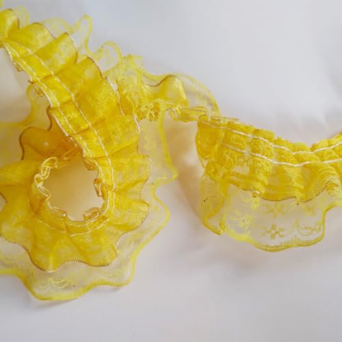 Anevous 3 Yards Plissee Spitzenband, Doppellagiges Spitzen Rüschenband, Spitzenbesatz Lace Trim Dekostoff, Rüschen Spitzenband für DIY Nähen Handwerk Kleidung Applikationen,Gelb von Anevous