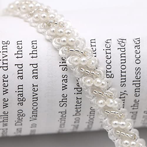 Anevous 5 Yards Spitzenband mit Perlen, Perlenbesatz Spitze Borte, Perle Zierband Spitzenband für DIY Kostüme Nähen Basteln, Hochzeitskleid, Spitzenapplikation,Weiß und Silber von Anevous