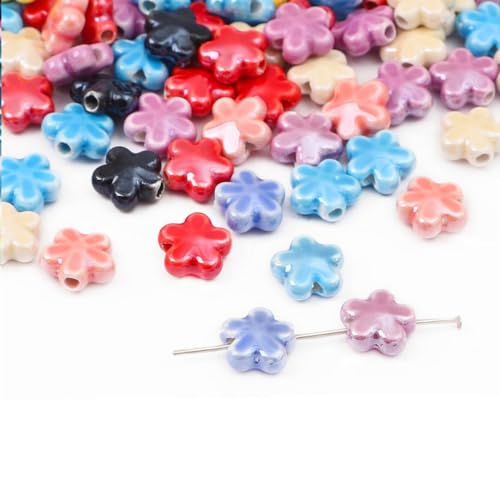 Anevous 50 Stück Keramikperlen Zum Auffädeln,Bunte Perlen für Armbänder Halskette Handykette DIY Basteln,Schmuckherstellung für Mädchen,Abstandsperlen,Beads mit Loch,Blende ca. 2mm,Blume,Farbmischung von Anevous