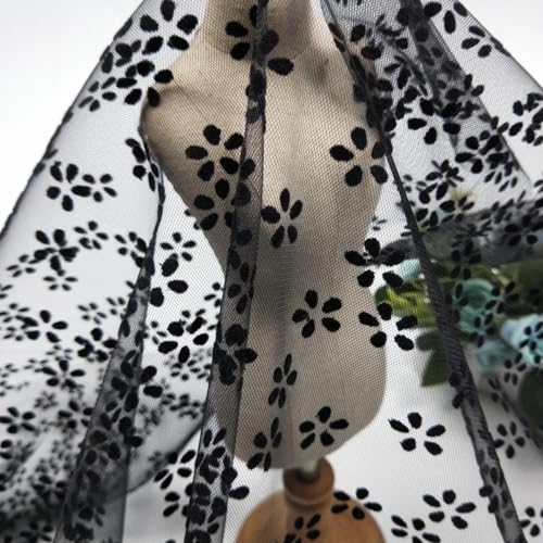 Anevous Feinmaschiger Nylon Netzstoff,Weich Tüllstoff,150cm Breit Stoff zum Nähen und Dekoration,Bedruckte Stoffe,Dekostoff für Vorhänge Hochzeitskleider Kleidung,3 Yards,Blütenblätter schwarz von Anevous
