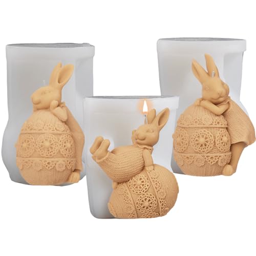 Ostern Kaninchen Silikonform - 3D Osterhase Kerzenformen Seifenform - Osterei Hase Mousse Kuchenform - Silikon Ostern Gießform Für Tortendeko, Schokolade, Sojawachs Kerzenherstellung (3 Stück) von Angaekkot