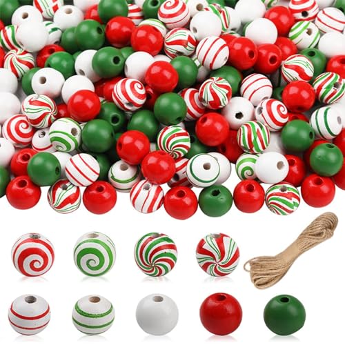 Weihnachts Schneemann Holzperlen Mit Gesicht - Bunte Weihnachten Bastelperlen Set Mit Seil - Wooden Beads Christmas Perlen Natürliche Weihnachtsperlen Mit Weihnachtsdruck DIY Dekoration (240 Stück) von Angaekkot