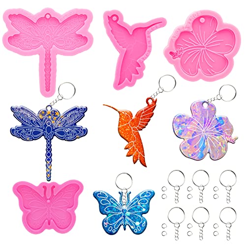 Epoxidharz-Formen-Set, Vogel-, Libellen-, Schmetterlings-, Kirsch-, Blumenform, Silikonformen für Harz, Epoxidgussformen mit Loch, Schlüsselanhänger und Sprungring für DIY-Schlüsselanhänger, einzigartiges Geschenk, 64 Stück von Angel Wings