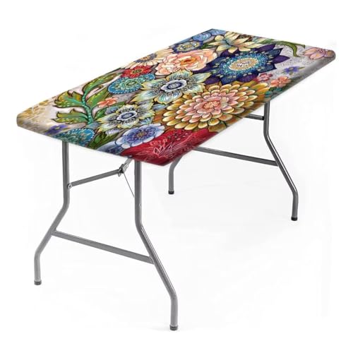 AngelSept Rechteckige Tischdecke aus Polyester, mit elastischem Rand, 61 x 122 cm, bunte Blumen, Boho, waschbar, auslaufsicher, für Küche, Esstisch, Dekoration von AngelSept