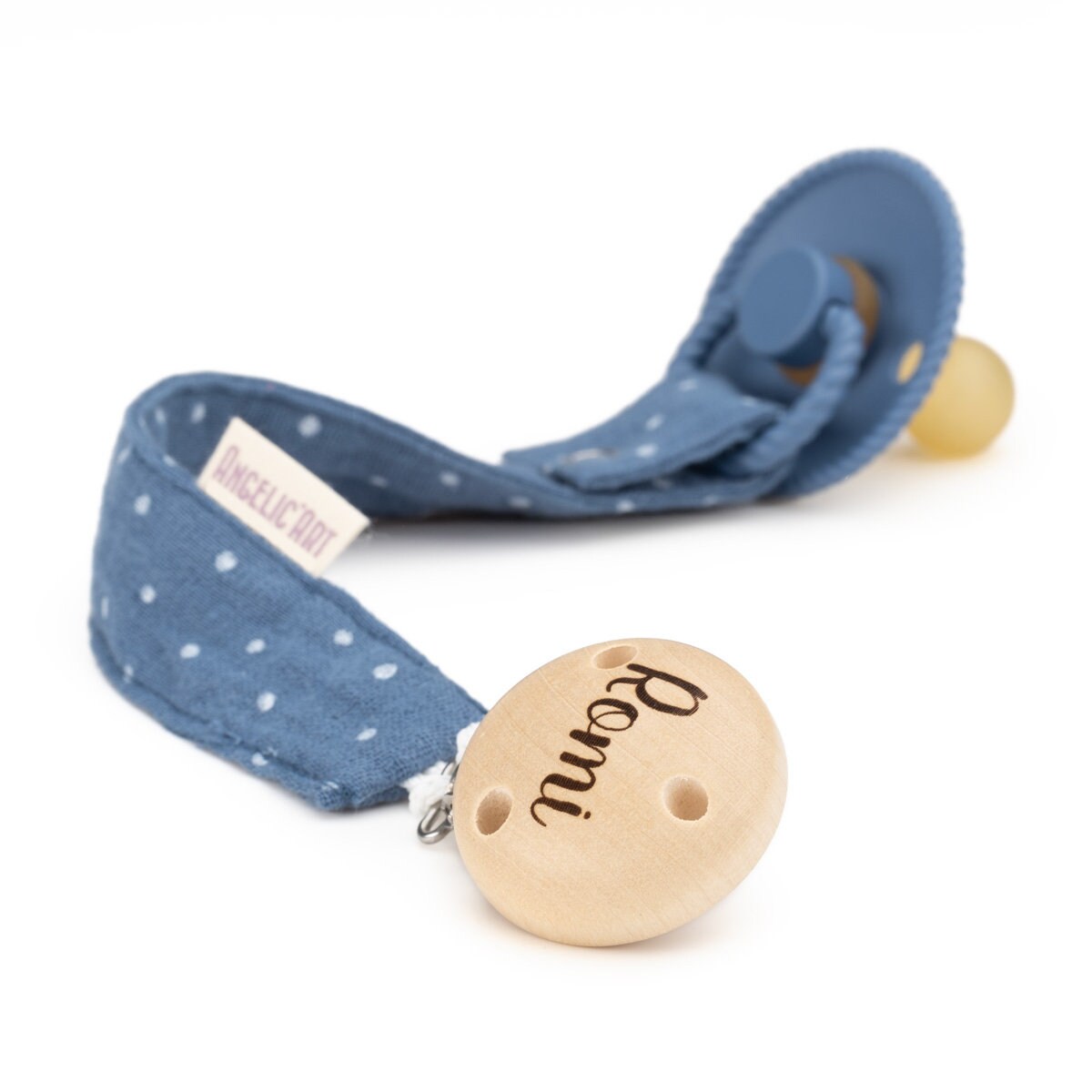 Schnullerband Mit Gravur Namen Für Babys⎮Mädchen Und Jungen⎮Holz - Natur⎮Personalisierte Schnullerkette⎮Indigo-Gepunktet Schnullerband Mit Gravur Namen Für Babys⎮Mädchen Und Jungen⎮Holz - Natur⎮Personalisierte Schnullerkette⎮Indigo-Gepunktet von AngelicArtBaby