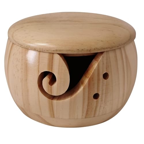 Angelkiss Garnschale aus Holz mit Deckel, handgefertigte Holzwollschale mit geschnitzten Löchern und Bohrlöchern, Nadel-und Fadenkugelaufbewahrung, Wolle, Burlywood von Angelkiss