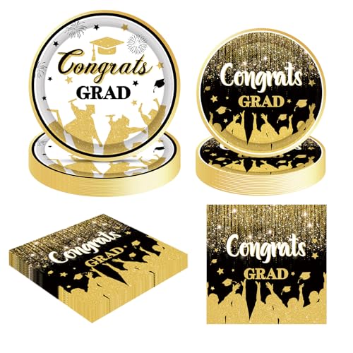 Angenster 20Pcs Pappteller zum Schulabschluss,Abschluss Dekoration Partygeschirr,Graduation Deko Glitzer Schwarz,Pappteller Schwarz Tischdekoration für Die Abschlussfeier von Angenster