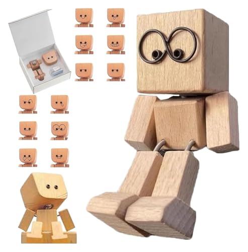 Schüttelnde Holzfigur, charmante kleine Holzfigur, die schwankt, handgefertigte Schüttelfüße, Holzmann mit 12 magnetischen Ausdrücken, lustiger Holz-Desktop, Auto-Armaturenbrett-Dekoration, Geschenke von AngloCrate