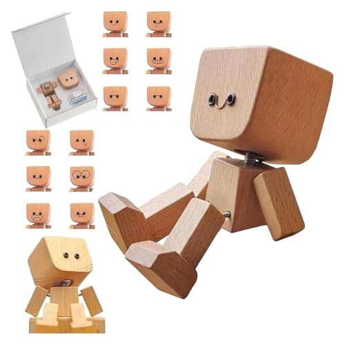 Schüttelnde Holzfigur, charmante kleine Holzfigur, die schwankt, handgefertigte Schüttelfüße, Holzmann mit 12 magnetischen Ausdrücken, lustiger Holz-Desktop, Auto-Armaturenbrett-Dekoration, Geschenke von AngloCrate