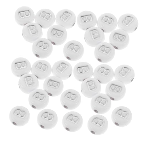 Angoily 100 Stück Weiße Buchstabenperlen Acryl Silber Buchstabe B Flach Rund Schmuck Bastelperlen für DIY Armbänder Halsketten Schlüsselanhänger Zubehör von Angoily