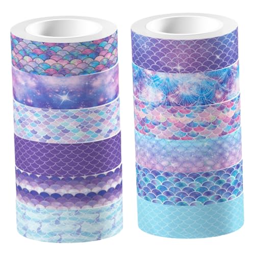 Angoily 12 Rollen Mermaid Washi Tape Dekoratives Transparentes Farbverlaufendes Bastelband Selbstklebend Vielseitig für Scrapbooking Journaling Geschenkverpackung DIY Kreativmaterial von Angoily