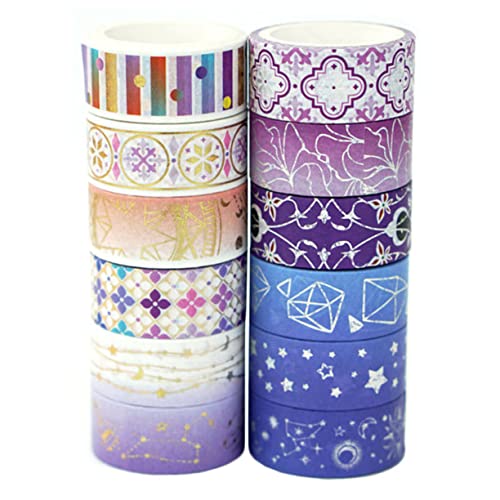 Angoily 12 Rollen Washi Tape Set Dekoratives Papier Klebeband für Diy Scrapbooking Tagebücher Handwerk und Geschenkverpackungen mit Lila Sternenhimmel Design und Gold Silber Finish von Angoily