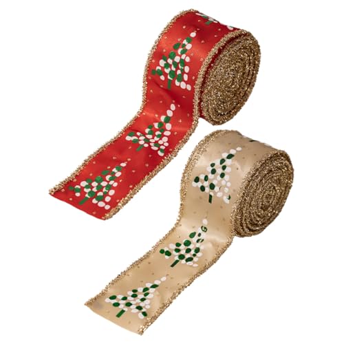 Angoily 2 Rollen Weihnachtsband mit Drahtkante Flexible Dekorationsbänder für Weihnachtskränze Geschenkverpackung Festliche Bastelprojekte Klassische Weihnachtsbaum Glitzermotive von Angoily