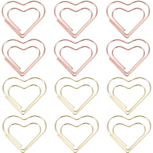 Angoily 24 Stück Herz Büroklammern Mini Kreative Papierklammern Roségold und Gold für Büro Schule und DIY Projekte Süße Memo Clips für Dokumente Notizen und Fotos von Angoily
