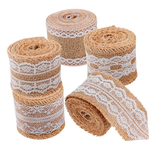 Angoily 5 Rollen Teiliges Juteband mit Spitzenbesatz Lange Dekorative Jute Spitzenbänder Robustes Naturmaterial Vielseitig für DIY Basteln Hochzeit Weihnachten Geschenkverpackung von Angoily