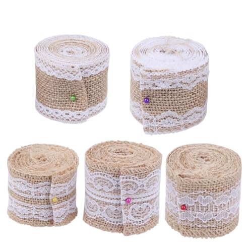 Angoily 5 Stück Juteband Spitzenband Naturfarbener Leinenschleifen Bastelband für DIY Hochzeit Geschenkdeko Retro Stil Langlebig und Vielseitig für Party Tischdekoration von Angoily