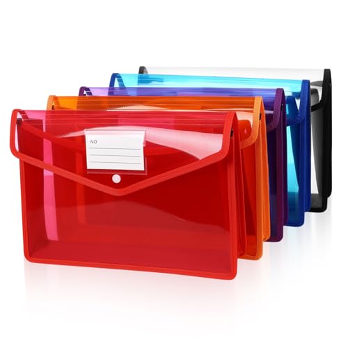 Angoily 5 Stück Transparente Kunststoff dokumententaschen mit Knopfverschluss und Etikettentasche Robuste Pp ordner in Weiß Rot Blau Violett Orange für Effiziente Papierorganisation von Angoily