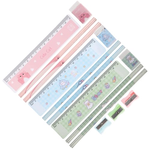 Angoily 6 Sätze Teiliges Schüler stifteset mit Manuellem Bleistiftspitzer Handlichem Radiergummi Lineal Buntes Schulmaterial für Tragbar und Praktisch für Schule und Zuhause von Angoily