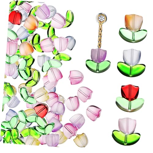 Angoily 80 Stück Teiliges Tulpenblumen Glasperlen Große Kristallperlen für DIY Schmuckherstellung Bunte Bastelperlen zum Auffädeln für Armbänder Schlüsselanhänger Handwerksdeko von Angoily