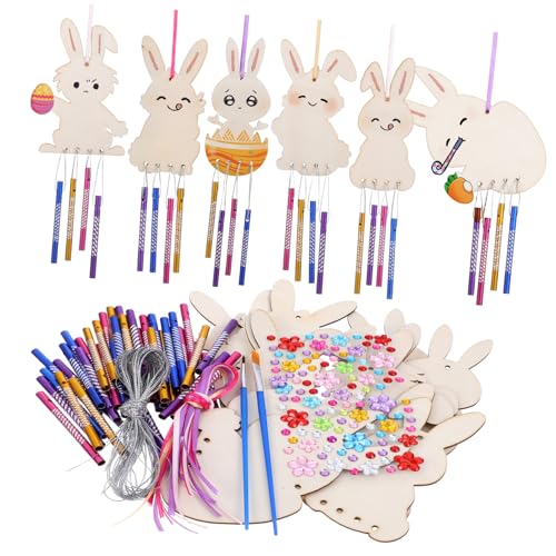 Angoily Bastelset Windspiel für Ostern Holzhasen Windspiel Rohlinge Stifte Schnur Bohrer DIY für Heimdekoration und Festliche von Angoily