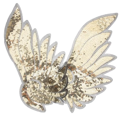 Angoily Goldfarbene Pailletten Stickerei Engelsflügel Applikation Dekorative Stoffaufnäher zum Aufnähen Glitzernde Flügel für DIY Kleidungsstück Kostümzubehör Waschbar Einfache Anwendung von Angoily