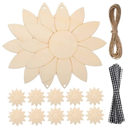 Angoily Teiliges Unlackierte Sonnenblumen Holzfiguren DIY Bastelset mit Satinbändern und Juteseil Unfertige Holzzuschnitte für Kindergarten Graffiti und Kinderhandwerk Kreative Holzblumen von Angoily
