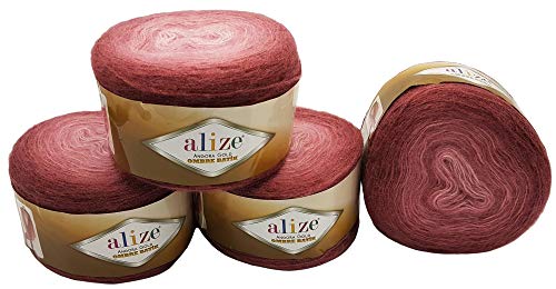 4 x 150 g Alize Strickwolle Farbverlauf, 600 Gramm Strickgarn mit 20% Wolle-Anteil, Farbverlufswolle (altrosa rosa 7247) von Angora gold Ombre