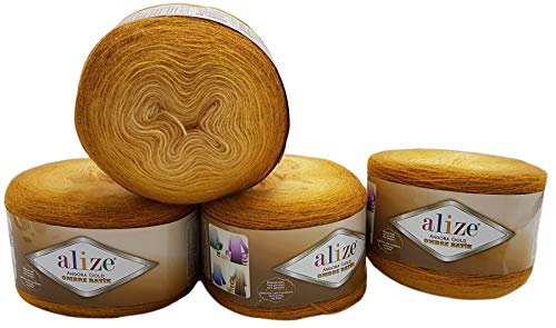 4 x 150 g Alize Strickwolle Farbverlauf , 600 Gramm Strickgarn mit 20% Wolle-Anteil, Farbverlufswolle (ocker 7358) von Angora gold Ombre