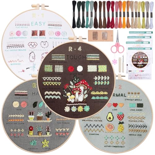 Anhow 4er Sticken Set Erwachsene, Stickset für Anfänger Embroidery Kit DIY Stick Set zum 40 Verschiedenen Stichen Anleitung, 4 Designs Stickrahmen und Werkzeuge Stickerei Set für DIY Kunst Handwerk von Anhow