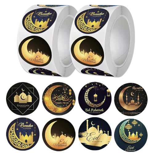 1000 Stück Eid Mubarak Aufkleber, Ramadan Sticker Aufkleber, Ramadan Deko, Selbstklebend Ramadans Geschenkaufkleber für Ramadans Geschenkboxen (2 Rolle) von Anicy