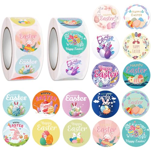1000 Stück Osteraufkleber, Ostereier Sticker, Ostern Aufkleber Selbstklebend, Frohe Ostern Aufklebers, Hase Osterhasen Aufkleber, Ostersticker für Osterkarte Osterns Geschenke Osterdeko(2 Rolle) von Anicy