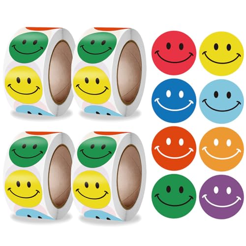 4 Rollen 2000 Stück Smiley Aufkleber - Emoji Smiley Sticker, 8 Farben Runde 2,5cm, Lehrer Belohnungssticker für Belohnungsaufkleber, Geschenkdekorationen, Partydekorationen von Anicy