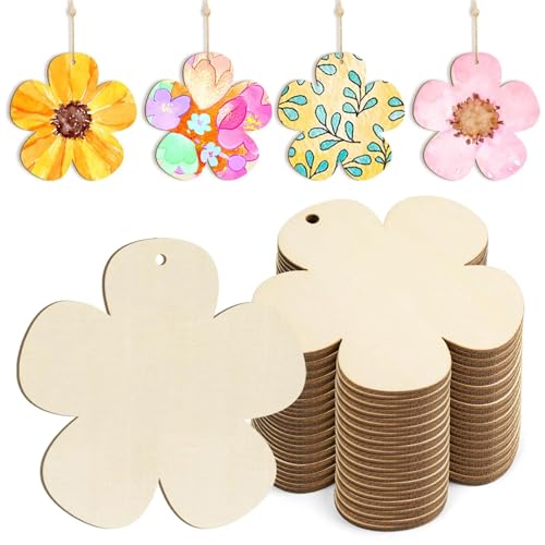 50 Stück Holzanhänger zum Bemalen - Basteln Frühling 7.5cm Holzblumen Deko, DIY Handwerk für Hochzeit Geburtstag Weihnachten Valentinstag Geschenkanhänger von Anicy