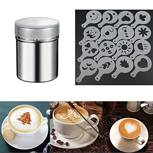 Anicy Kakaostreuer für Cappuccino Puderzuckerstreuer - 1 Stück Edelstahl-Pulverstreuer mit 16 Stück Kaffee Schablone Druckformen, Kaffee Zubehör für Heiße Schokolade Brotdekoration von Anicy