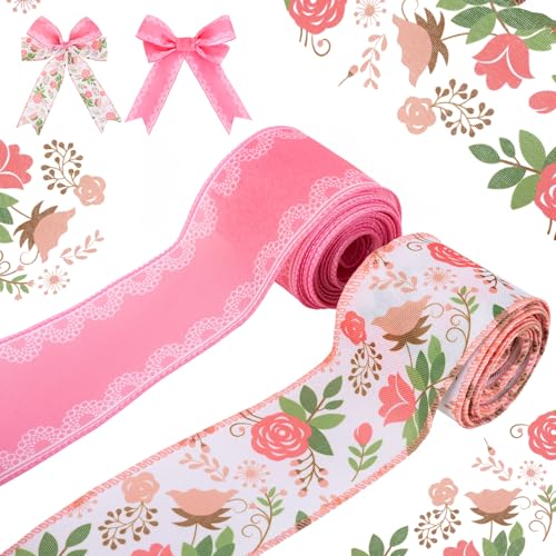 Florales Band mit Draht, 2 Rollen 6,3 cm x 12 m – rosa und grüne Blumenmusterbänder zum Basteln, Frühling/Sommer, dekoratives Band für Geschenkverpackungen, Kranz, Schleife, Bauernhaus, Party Florales Band mit Draht, 2 Rollen 6,3 cm x 12 m – rosa und grüne Blumenmusterbänder zum Basteln, Frühling/Sommer, dekoratives Band für Geschenkverpackungen, Kranz, Schleife, Bauernhaus, Party von Animmenul