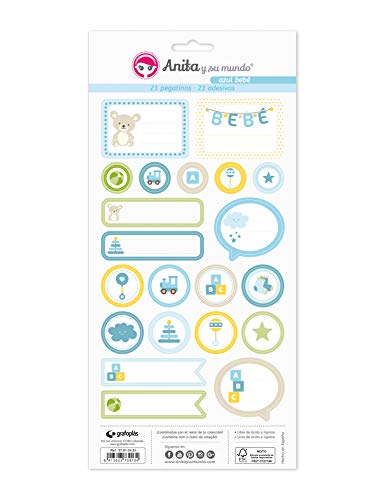 Anita & Seine Welt blaue Babykollektion Aufkleber, 21 Designs pro Blatt, Papier, mehrfarbig, 15 x 32 cm von Anita y Su Mundo