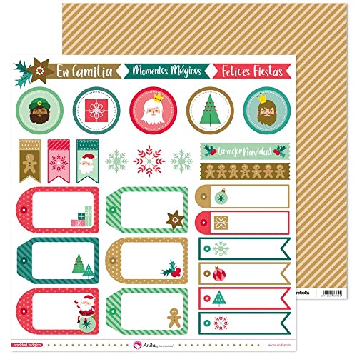 Anita y su mundo 37011350 Blatt Scrapbooking-Papier mit Etiketten, 30,5 x 30,5 cm, magische Weihnachtskollektion, perfekt für Geschenke von Anita y Su Mundo