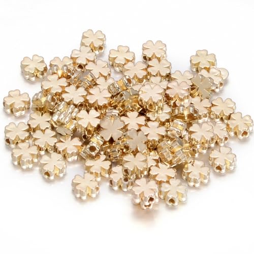 100 Stück Goldene Kleeblatt Perlen - 8mm Vierblättriges Kleeblatt Glücksperlen aus Kunststoff, Elektroplattiert Hochglanz Gold, DIY Schmuck Perlen für Armbänder, Halsketten(2mm Loch) von Aniyan