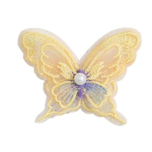 Aniyan 10 Stück Spitze Schmetterling Applikation, 4cm Doppelschicht Stickerei mit Perle Bunte Aufnäher für Kleidung, DIY Accessoires, Handarbeit Dekoration (Gelb) von Aniyan