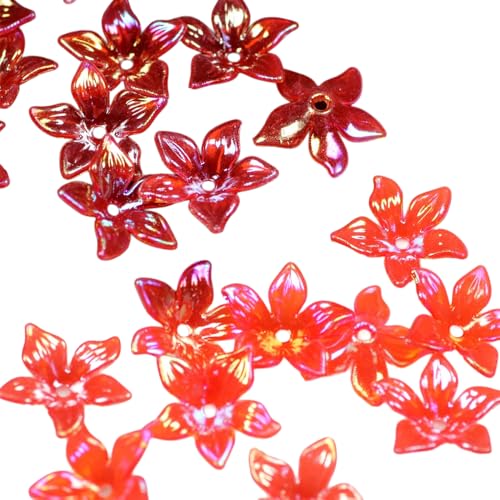 Aniyan 100 Stück Acryl Blumenperlen, Bunte 5-Blütenblatt Perlen 22mm, DIY Blumen Perlen für Schmuckherstellung, Armbänder, Halsketten, Ohrringe, Bastelzubehör Rot von Aniyan
