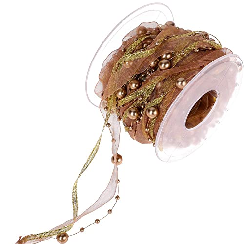 Aniyan 10M Hochzeit Schleifenband Mit Perlen Und Chiffon - 10mm Breites Deko Band Für Blumen, Geschenkbox, Handwerk Und Verpackung - Gold von Aniyan